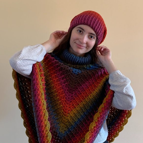 Sweaters - Crocheted Rainbow Poncho and Beanie Set (One Size Fits Most)